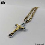 گردنبند صلیب مشکی طلایی خفن با زنجیر طلایی رنگ ثابت استیل