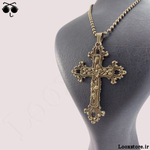 خرید گردنبند صلیب مدل دار ارزان قیمت با زنجیر ساچمه ای برنزی