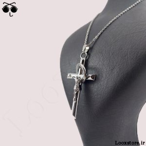 خرید گردنبند طرح صلیب نقره ای با حلقه سفید و زنجیر استیل