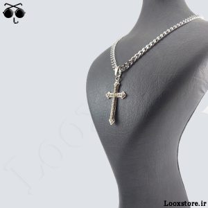 گردنبند صلیب نگین دار نقره ای پسرانه و دخترانه با زنجیر استیل بلند کارتیه نقره ای