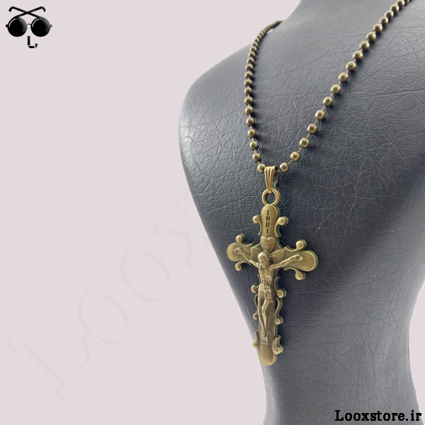 خرید گردنبند صلیبی زیبا با زنجیر ساچمه ای برنزی ارزان قیمت
