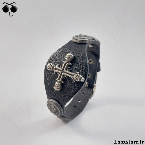 خرید دستبند چرم حرفه ای بندی طرح صلیب اسکلتی پسرانه و دخترانه