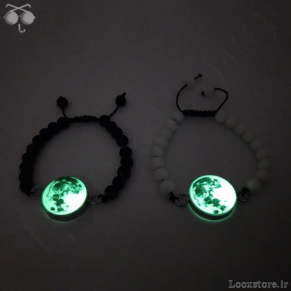 خرید دستبند ماه شب تاب مهره ای مشکی و سفید سبز شو با بهترین قیمت