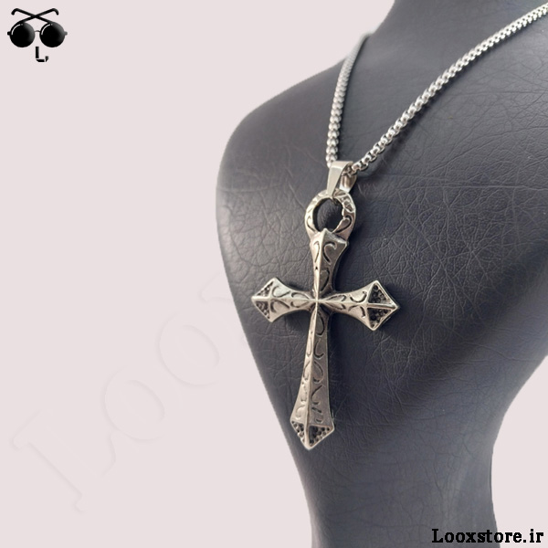خرید گردنبند خفن طرح صلیب با زنجیر استیل رنگ ثابت